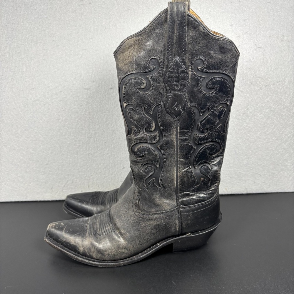 Old West Black Leather Cowgirl Boots Womens Size 7B Distressed Western Cowboy